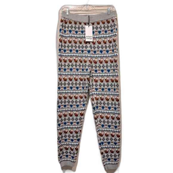 Unique Vintage Fair Isle Grey Foxes Pajama Pants Leggings Women's L 10-12 NWT - Picture 1 of 9